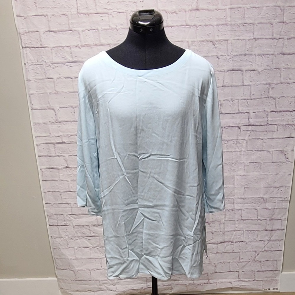 Eileen Fisher Silk Ballet Neck Top Clear Water Light Blue‎ 3/4 Sleeve